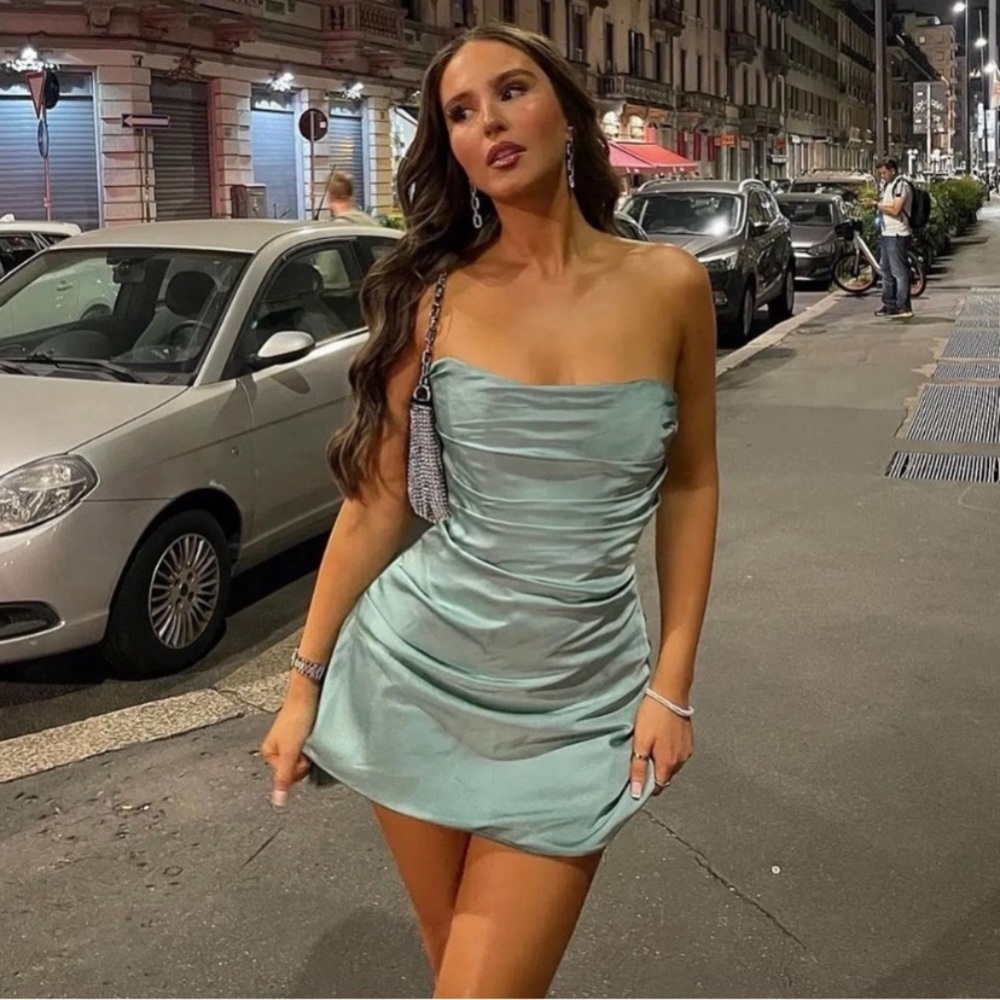 House of CB Jasmine JADE DRAPED STRAPLESS CORSET DRESS aqua teal NWOT size‎ L